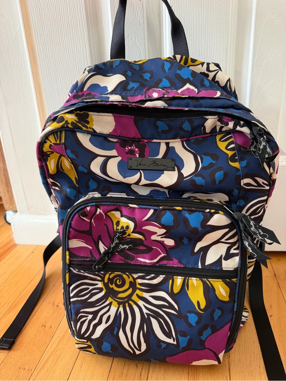 Waterproof Vera Bradley Navy Floral Print Backpack with Purple & Yellow Accents